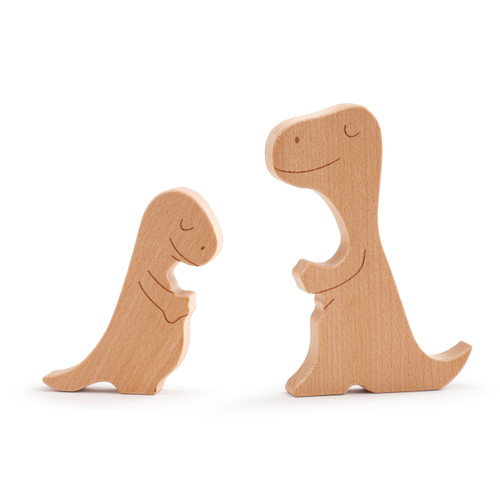 A simple wooden animal puzzle, with two pieces. A large dinosaur and its baby dino separated.