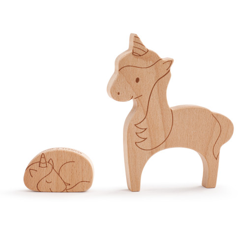 A simple wooden animal puzzle, with two pieces. A large unicorn and her sleeping baby separated.