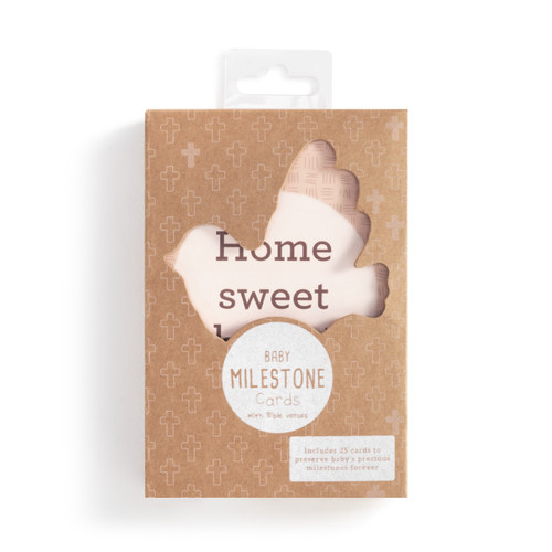 Set of 25 Baby Milestone Cards packaged in a brown cardboard box with a bird shaped cutout.