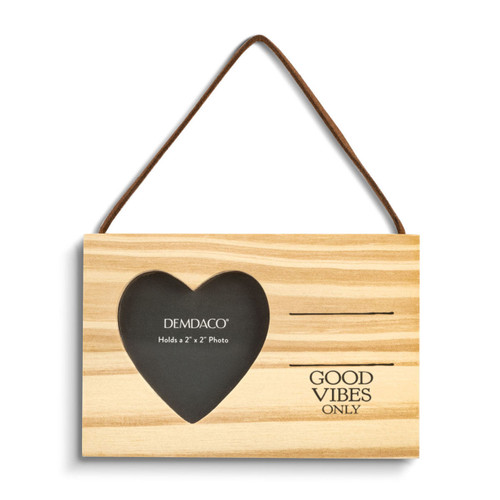 A rectangular hanging wood ornament with a heart shaped two inch photo opening next to the saying "Good Vibes Only" under two black lines with room for personalization.