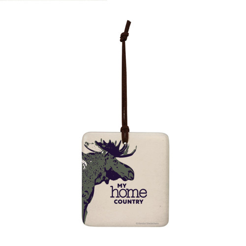 A square hanging ornament with the image of a moose head that says "My home Country".