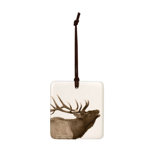 A white square tile hanging ornament with the image of an elk.