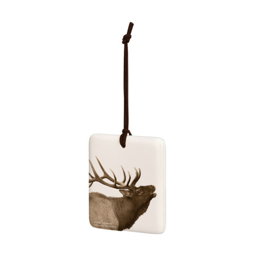 A white square tile hanging ornament with the image of an elk, displayed angled to the left.