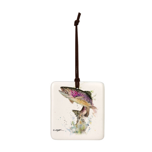 A square hanging ornament with a watercolor image of a rainbow trout.