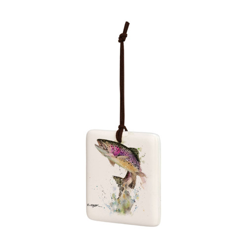 A square hanging ornament with a watercolor image of a rainbow trout, displayed angled to the left.