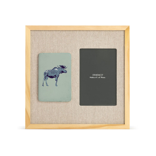 A light wood frame with green tile with a moose next to a 4x6 photo opening on a linen background.
