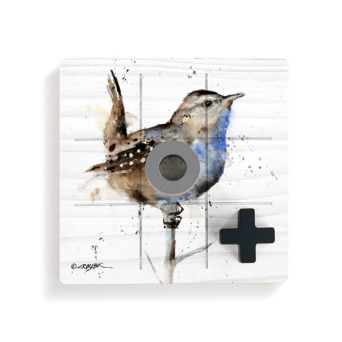 A square wood tic tac toe board with a watercolor image of a wren, with a gray O and black X on top.