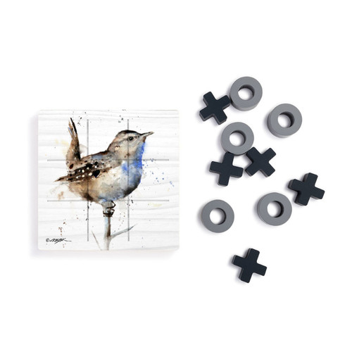 A square wood tic tac toe board with a watercolor image of a wren, next to a set of X's and O's in gray and black.
