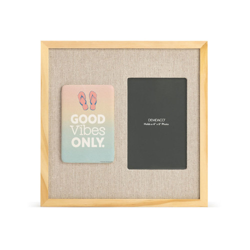 A light wood frame that has a tile with flip flops and the saying "Good Vibes Only" next to a 4x6 photo opening on a linen background.
