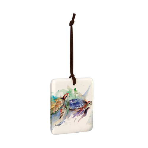 A square hanging ornament with a watercolor image of two sea turtles, displayed angled to the right.