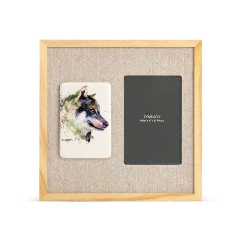 A light wood frame with a tile on the left that has a watercolor image of a wolf profile, next to a 4x6 photo opening with a linen mat.