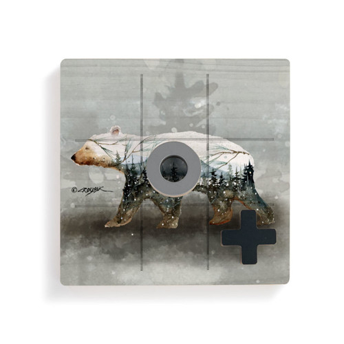 A square wood tic tac toe board with a watercolor image of a polar bear, with a gray O and black X on top.