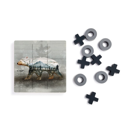 A square wood tic tac toe board with a watercolor image of a polar bear, next to a set of X's and O's in gray and black.