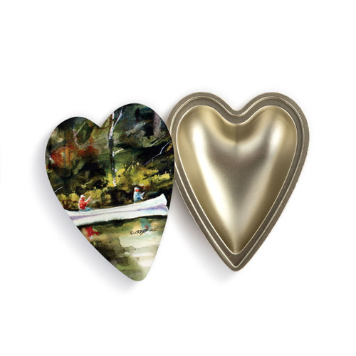 Heart shaped keeper box with a watercolor image of a canoe on the river on the lid, which is offset to the base.