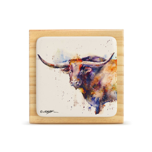 A square wood plaque with a tile attached that has a watercolor image of a longhorn.