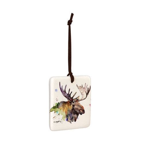 A square hanging ornament with a watercolor image of a moose, displayed angled to the right.