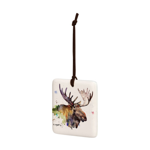 A square hanging ornament with a watercolor image of a moose, displayed angled to the left.