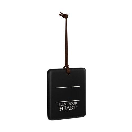 A square black hanging ornament that says "Bless Your Heart" in white under two white lines with room for personalization, displayed angled to the right.