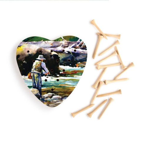 A heart shaped wood peg game with a watercolor painting of a man fishing in a stream, next to a set of wood pegs.
