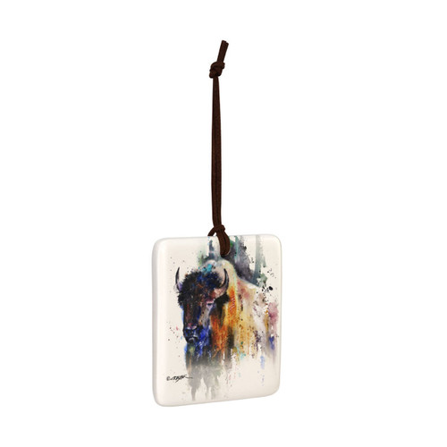 A square hanging ornament with a watercolor image of a buffalo, displayed angled to the right.