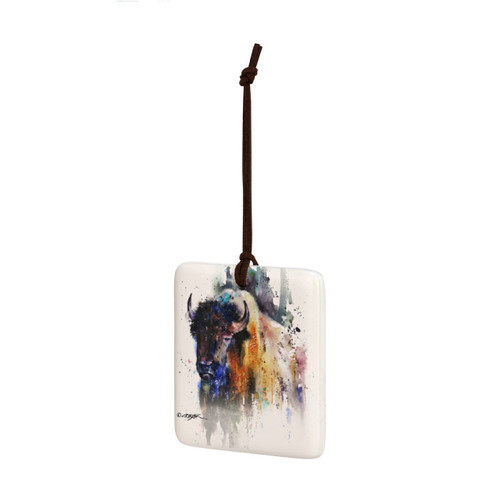 A square hanging ornament with a watercolor image of a buffalo, displayed angled to the left.