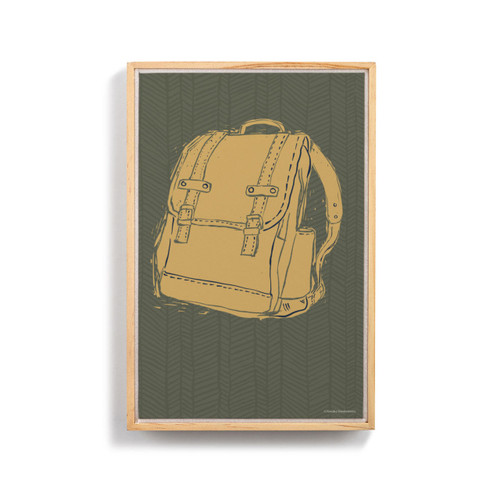 A graphic art image of a light brown backpack on a dark green background in a light wood frame.