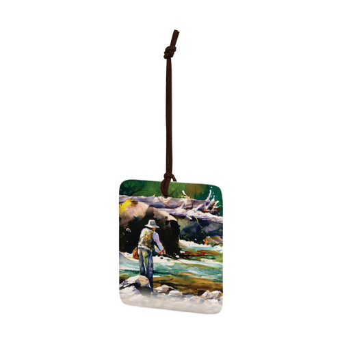 A square hanging ornament with a watercolor image of a man fishing in a river, displayed angled to the left.
