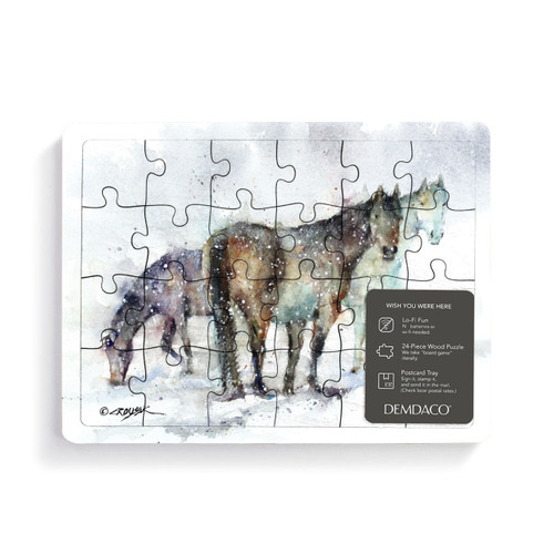 A 24 piece postcard puzzle with a watercolor image of three horses, with a product information tag attached.