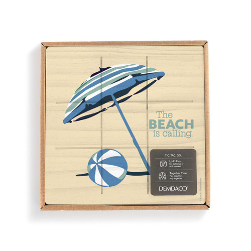 A yellow square board with a beach umbrella and ball with the saying "The beach is calling" that has lines for tic tac toe. Displayed in a packaging box with a product information tag.