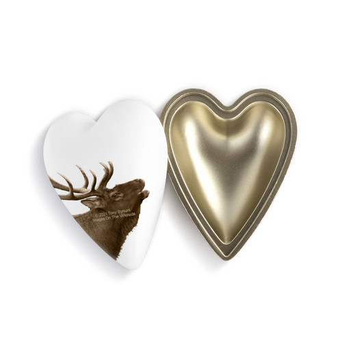 A heart shaped container with an elk on a white background, shown with the lid offset to the base.