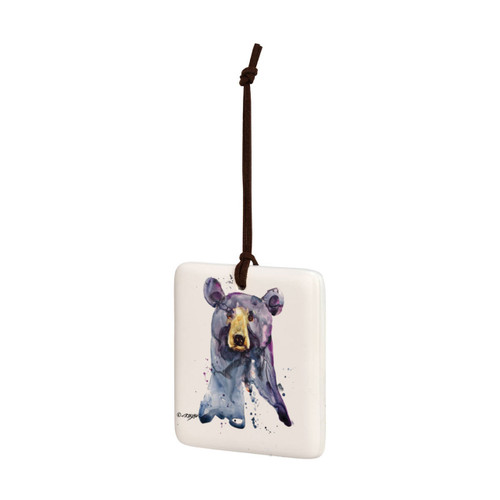 A square hanging ornament with a watercolor image of a black bear face, displayed angled to the left.