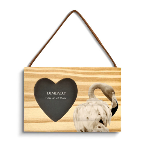 A rectangular wood hanging ornament with a heart shaped 2 inch photo opening next to an image of a flamingo.