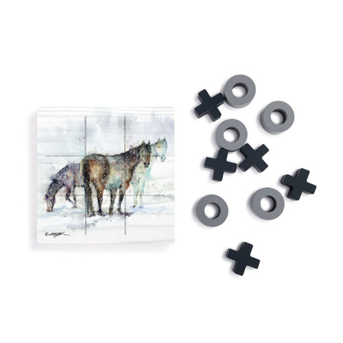 A square wood tic tac toe board with a watercolor image of three horses, next to a set of X's and O's in gray and black.