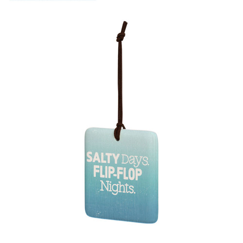 A square tile hanging ornament in blue that says "Salty Days. Flip-Flop Nights", displayed angled to the left.