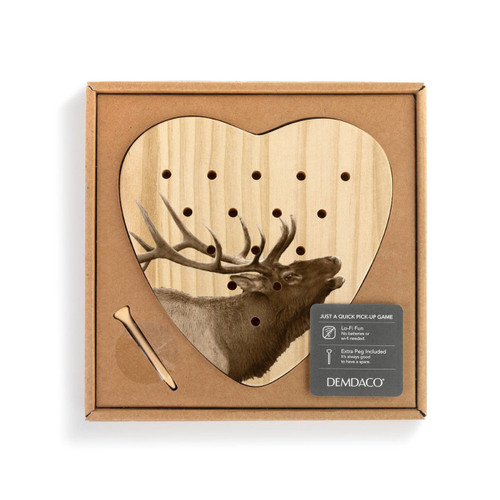 A heart shaped wood peg game that has the image of an elk, shown in a packaging box with a product information tag.