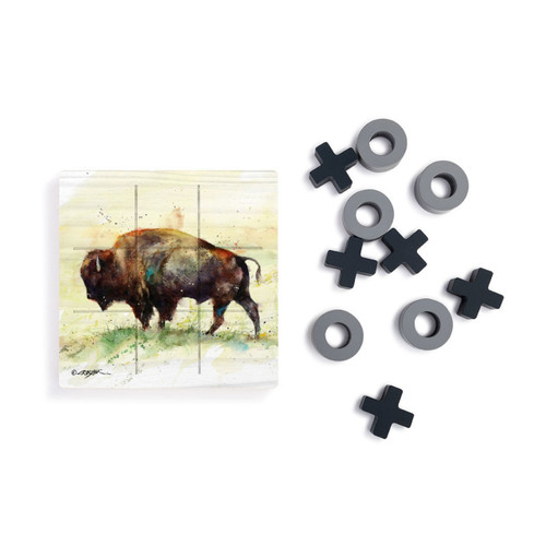 A square wood tic tac toe board with a watercolor image of a standing buffalo, next to a set of X's and O's in gray and black.