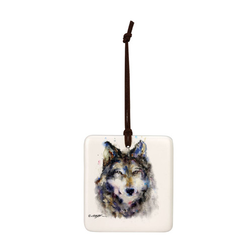 A square hanging ornament with a watercolor image of a wolf face.