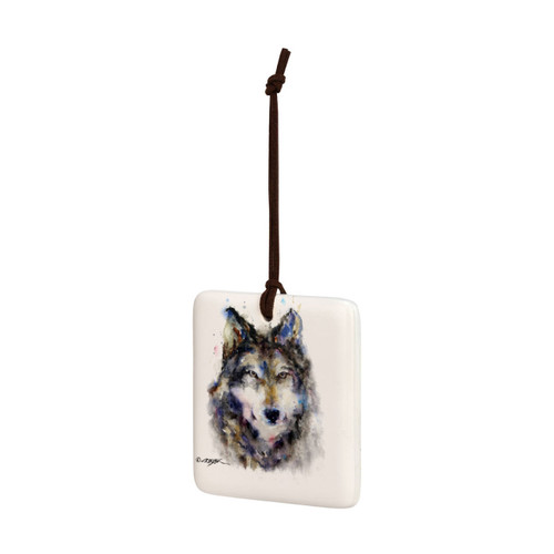 A square hanging ornament with a watercolor image of a wolf face, displayed angled to the left.