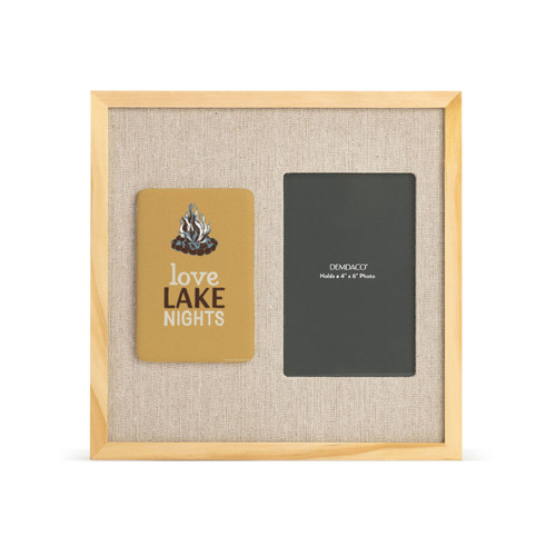 A light wood frame with a dark yellow tile with a bonfire and says "Love Lake Nights" next to a 4x6 photo opening with a linen background.