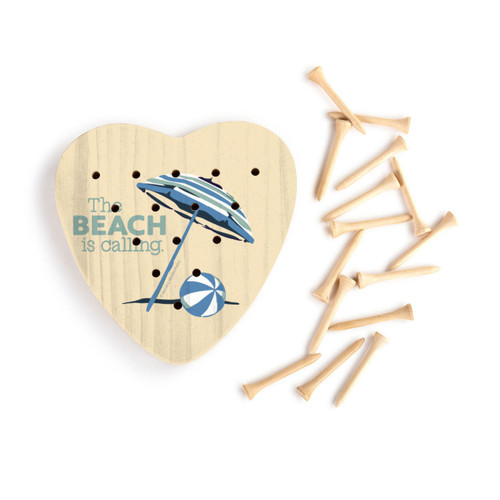 A light yellow heart shaped wood peg game with a beach ball and umbrella and the saying "The Beach is calling" next to a group of wood pegs.