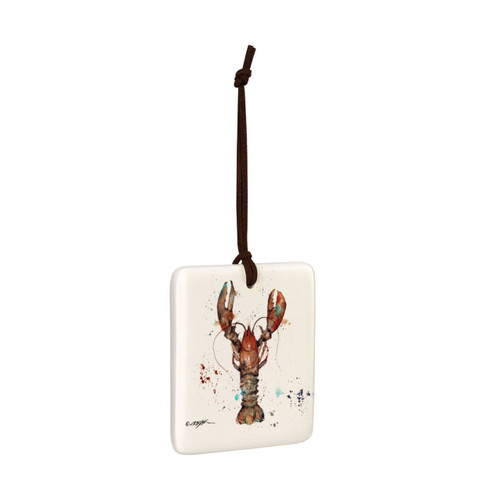 A square hanging ornament with a watercolor image of a lobster, displayed angled to the right.