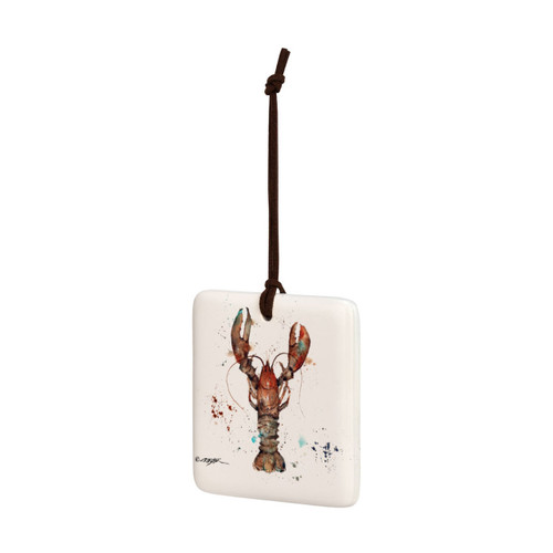 A square hanging ornament with a watercolor image of a lobster, displayed angled to the left.