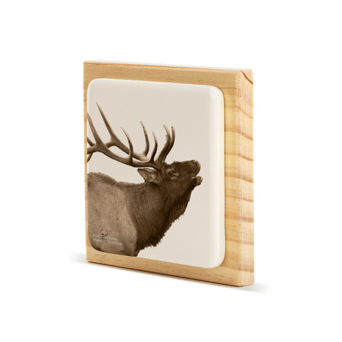 A square wood plaque with a white tile that has an image of an elk, displayed angled to the left.