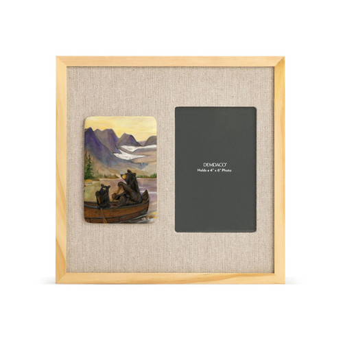 A light wood frame with a watercolor tile on the left showing black bears rowing a canoe, next to a 4x6 photo opening with a linen mat.