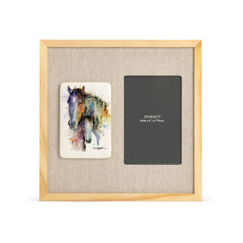 A light wood frame with a tile on the left that has a watercolor image of a pair of horses, next to a 4x6 photo opening with a linen mat.