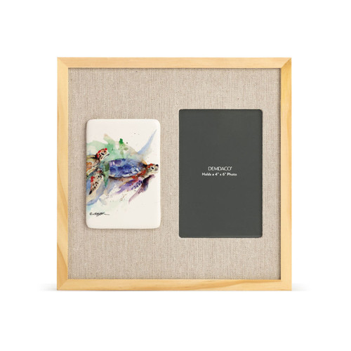 A light wood frame with a tile on the left that has a watercolor image of sea turtles, next to a 4x6 photo opening with a linen mat.