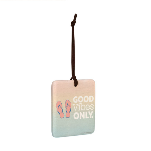 A square hanging ornament with a pair of flip flops that says "Good Vibes Only" on a pastel background angled to the right.