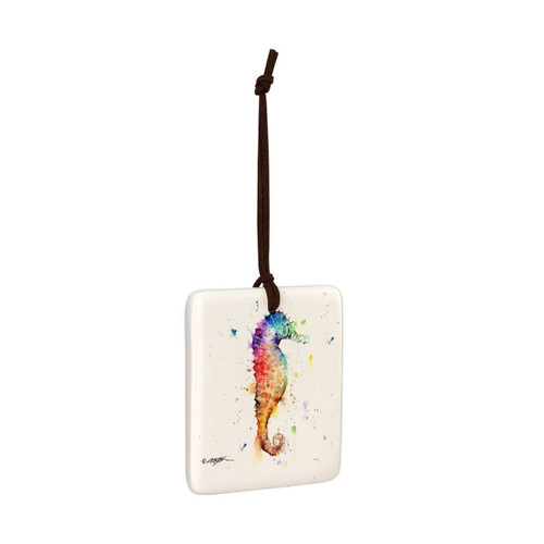 A square hanging ornament with a watercolor image of a seahorse, displayed angled to the right.