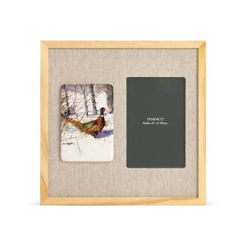 A light wood frame with a tile on the left that has a watercolor image of a ringneck, next to a 4x6 photo opening with a linen mat.