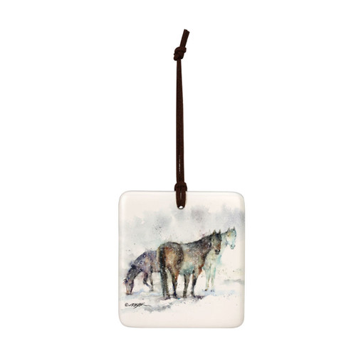 A square hanging ornament with a watercolor image of three horses.